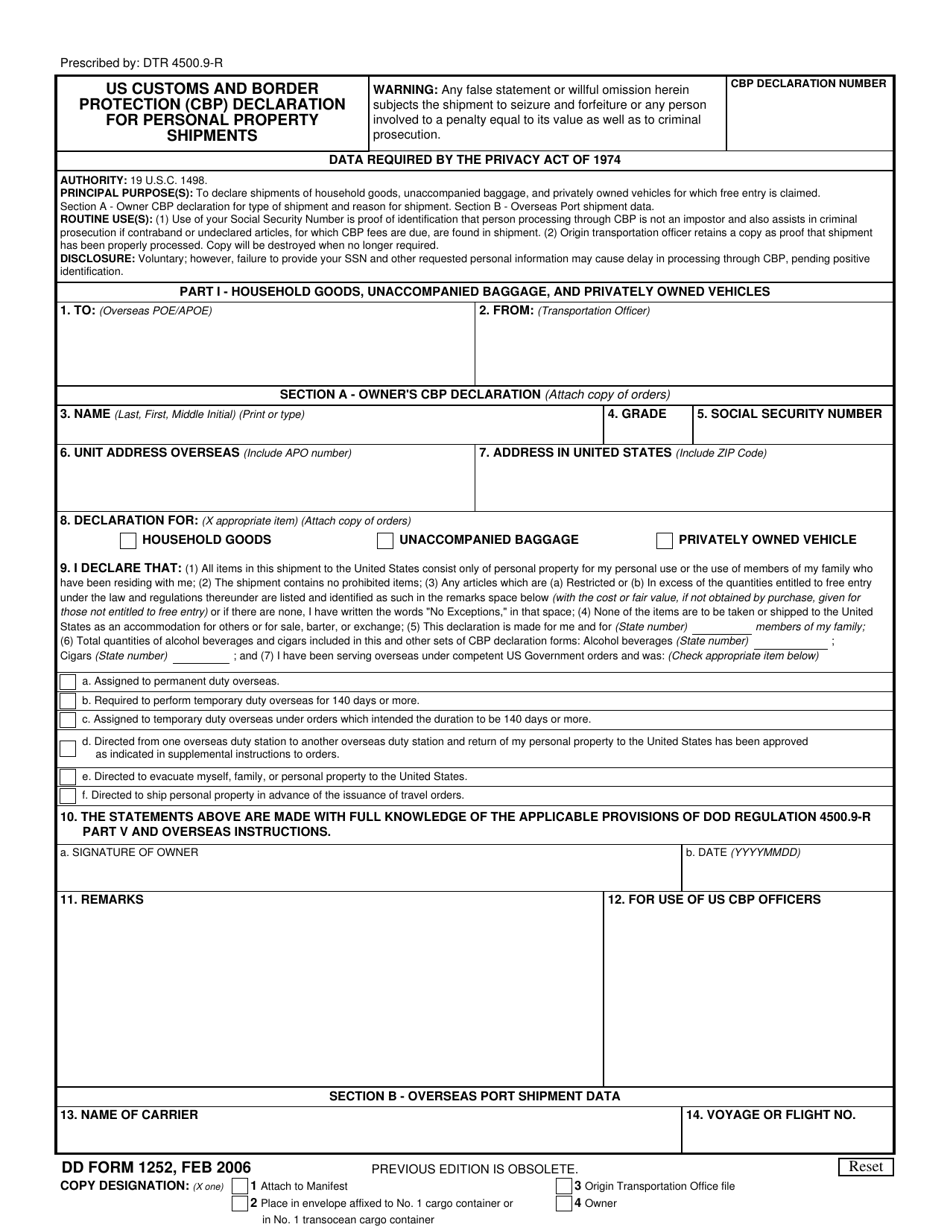 DD Form 1252 Part I U.S. Customs and Border Protection (CBP) Declaration for Personal Property Shipments, Page 1