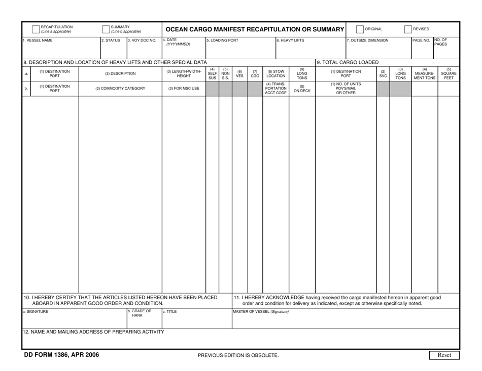 DD Form 1386 Ocean Cargo Manifest Recapitulation or Summary, Page 1