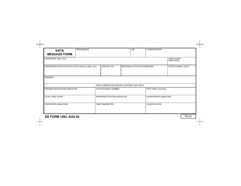 DD Form 1392 Data Message Form, Page 1
