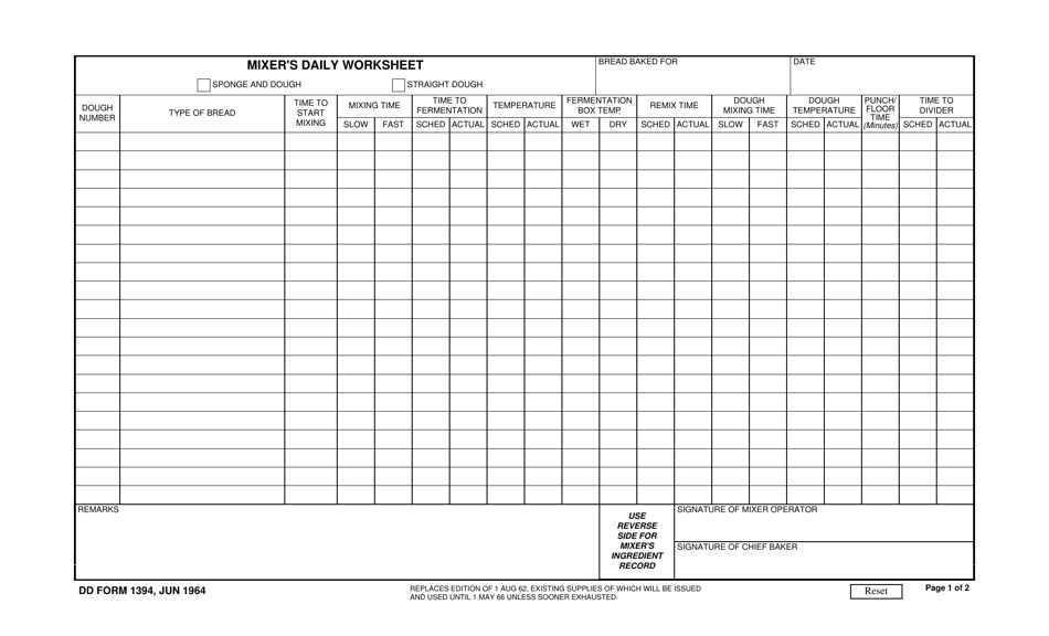 DD Form 1394 Mixers Daily Worksheet, Page 1