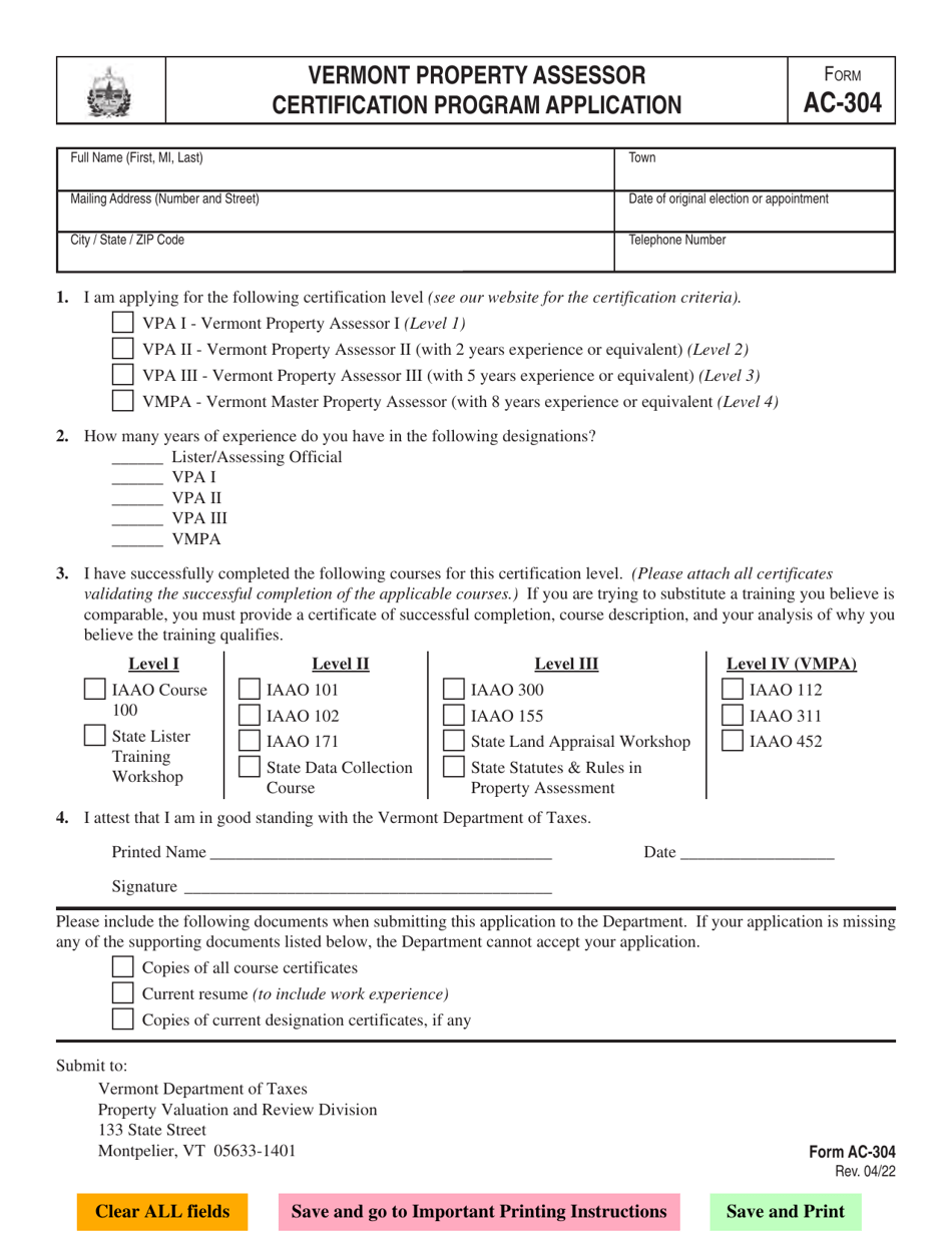 VT Form AC-304 Vermont Property Assessor Certification Program Application - Vermont, Page 1