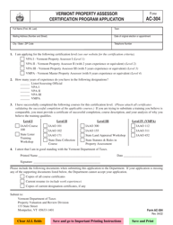 VT Form AC-304 Vermont Property Assessor Certification Program Application - Vermont