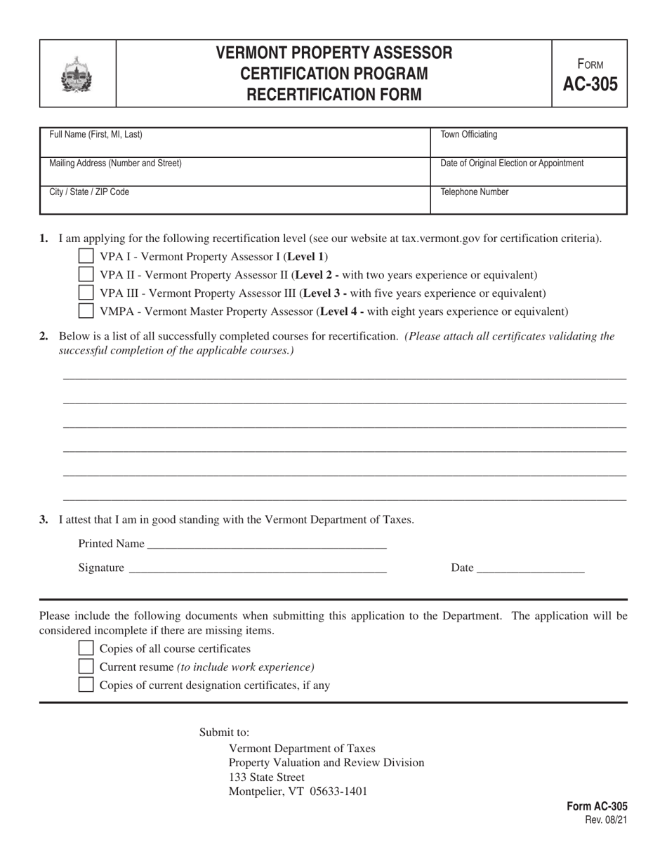 VT Form AC-305 Recertification Form - Vermont Property Assessor Certification Program - Vermont, Page 1