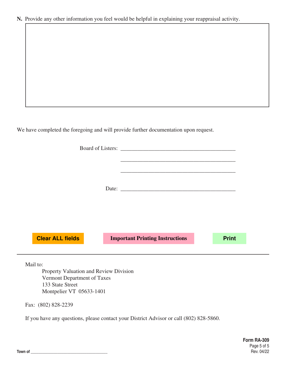 VT Form RA-309 Detailed Reappraisal Compliance Report - Vermont, Page 5