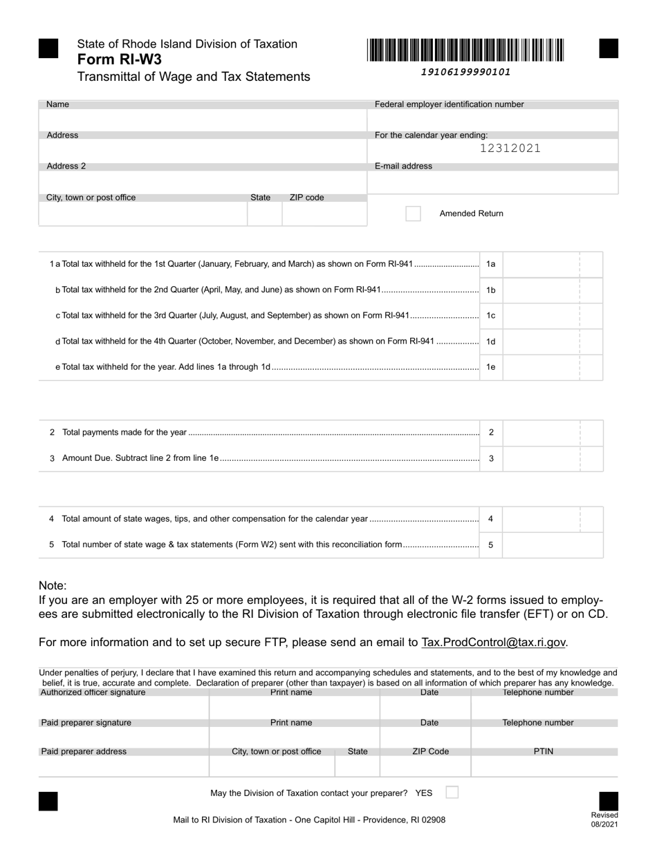 Form RI-W3 Transmittal of Wage and Tax Statements - Rhode Island, Page 1