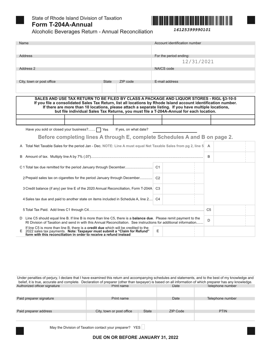 Form T-204A-ANNUAL Alcoholic Beverages Return - Annual Reconciliation - Rhode Island, Page 1