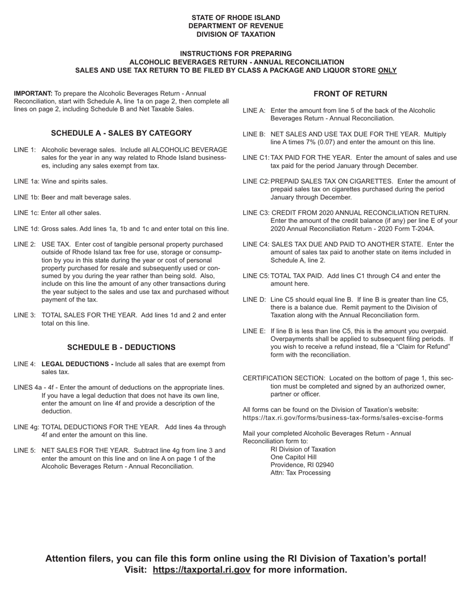 Form T-204A-ANNUAL Alcoholic Beverages Return - Annual Reconciliation - Rhode Island, Page 3