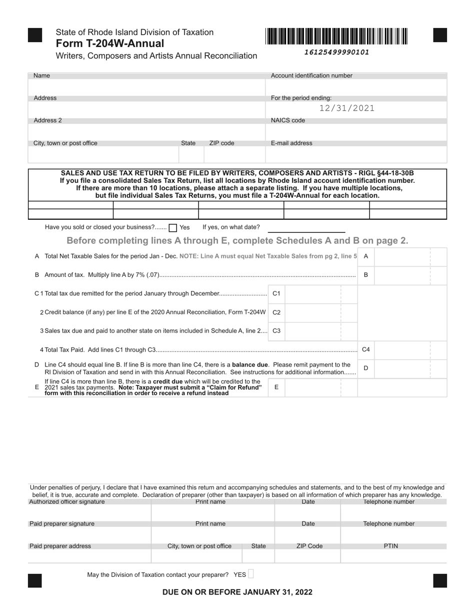 Form T-204W-ANNUAL Sales  Use Tax Return - Writers, Composers and Artists Annual Reconciliation - Rhode Island, Page 1