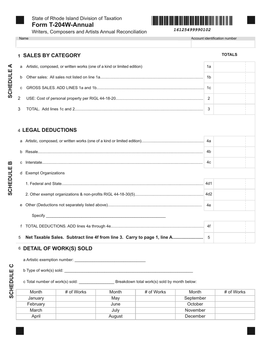 Form T-204W-ANNUAL Sales  Use Tax Return - Writers, Composers and Artists Annual Reconciliation - Rhode Island, Page 2