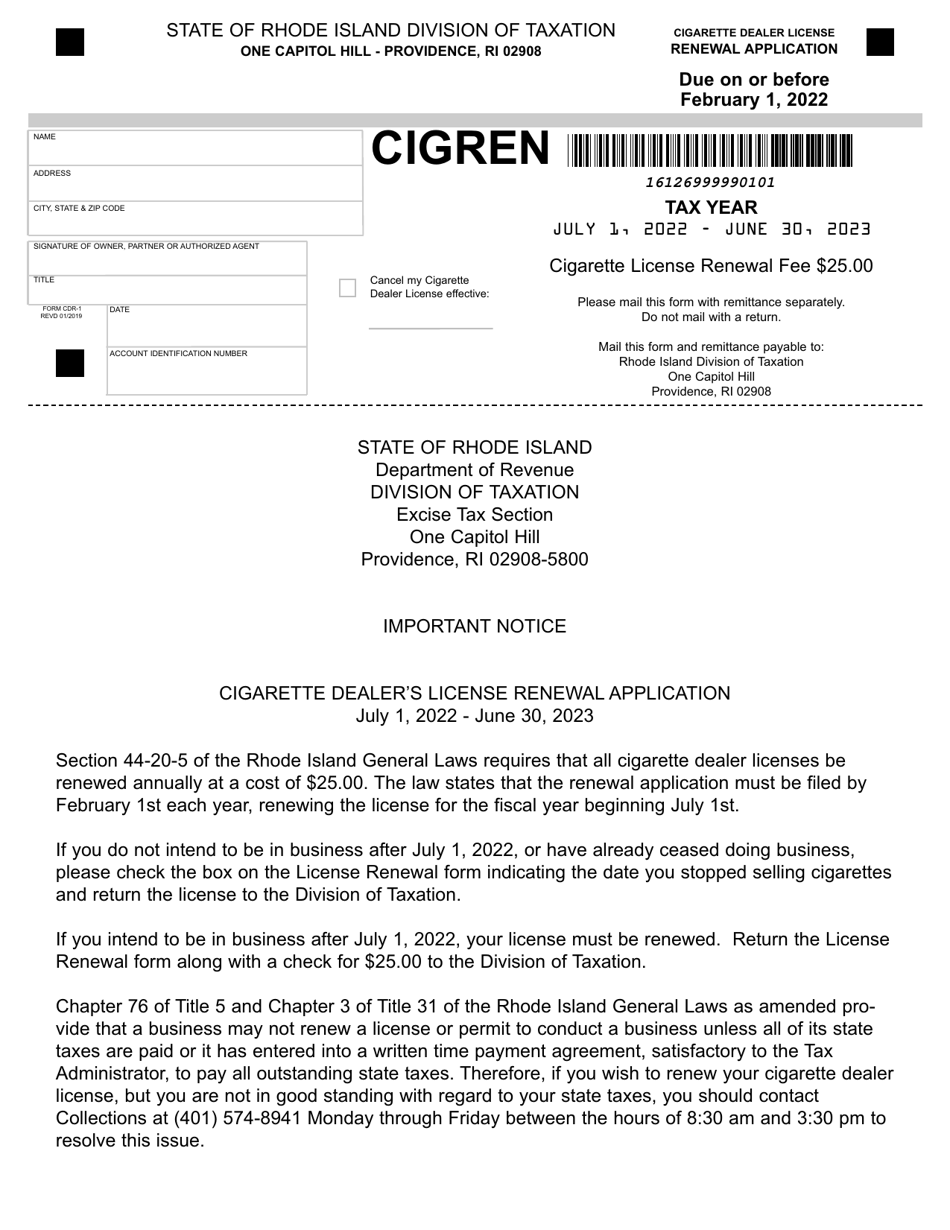 Form CDR-1 Cigarette Dealer License Renewal(application - Rhode Island, Page 1