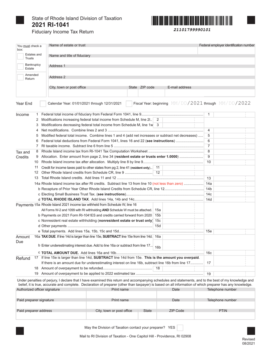 Form RI-1041 Fiduciary Income Tax Return - Rhode Island, Page 1