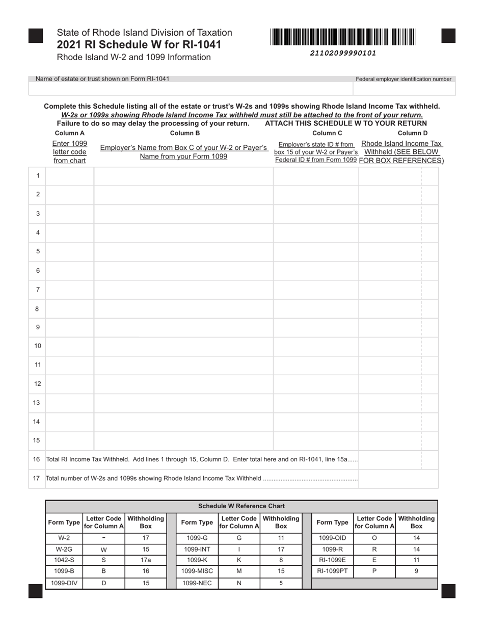 Form RI-1041 Schedule W Rhode Island W-2 and 1099 Information - Rhode Island, Page 1