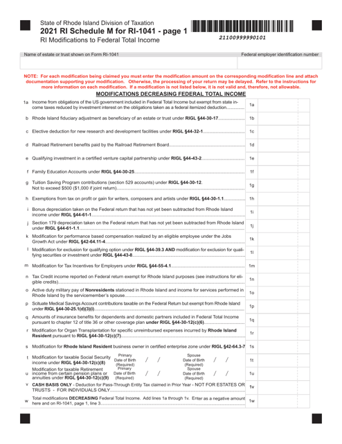 Form RI-1041 Schedule M 2021 Printable Pdf