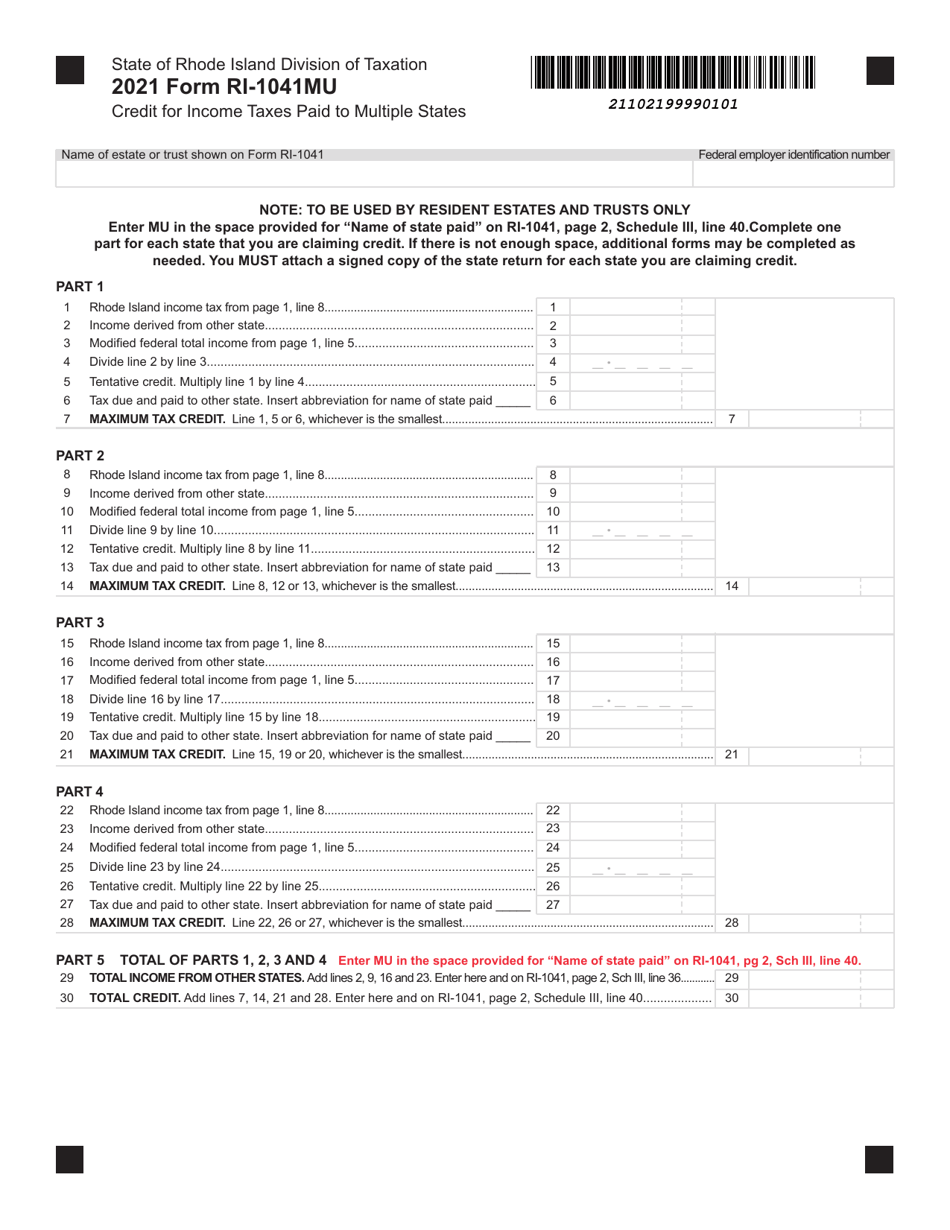 Form RI1041MU 2021 Fill Out, Sign Online and Download Fillable PDF