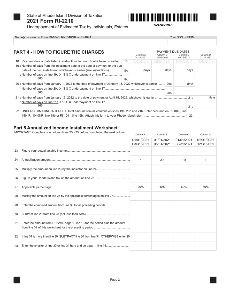 Form RI-2210 Underpayment of Estimated Tax by Individuals, Estates - Rhode Island, Page 2
