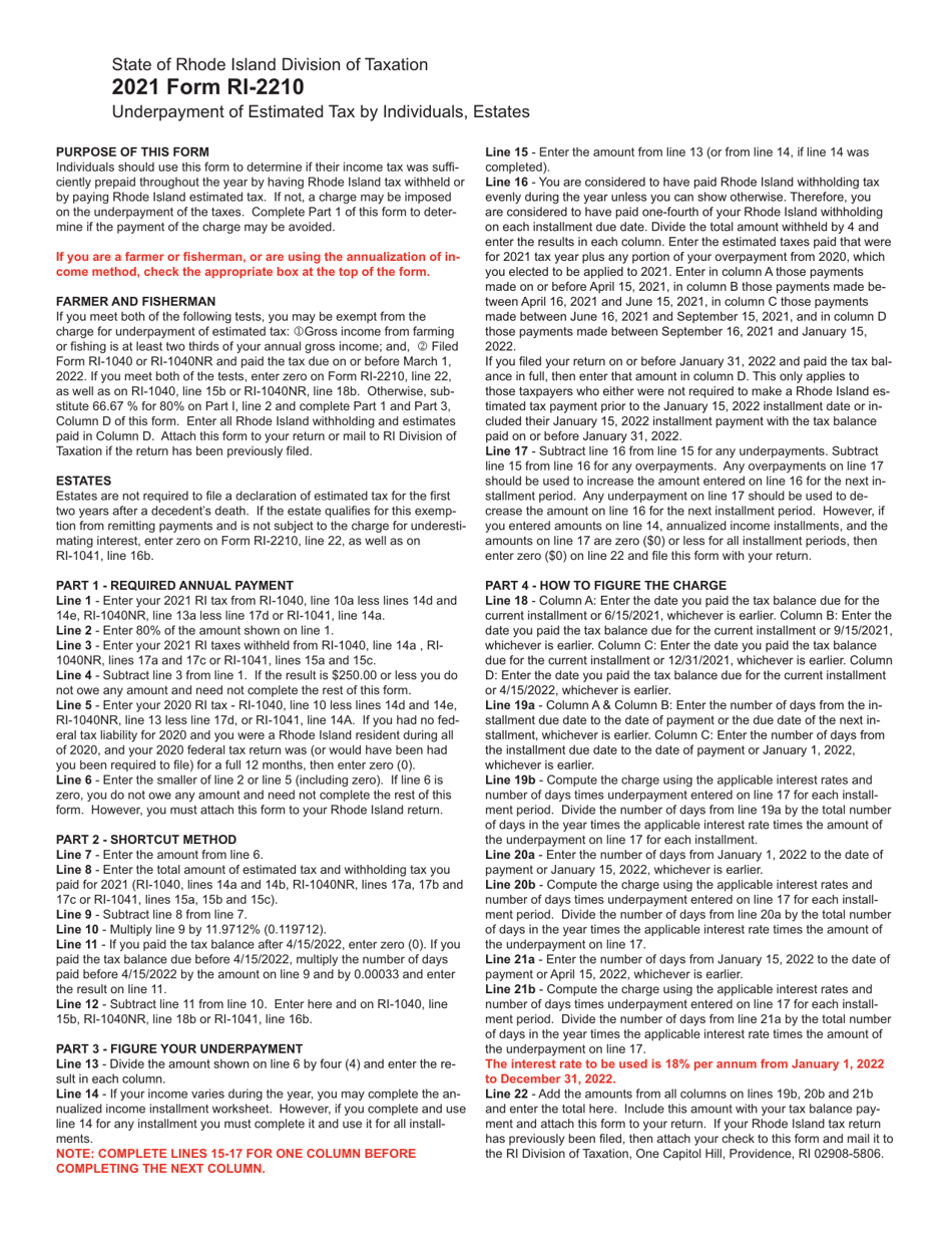 Form RI-2210 Underpayment of Estimated Tax by Individuals, Estates - Rhode Island, Page 3