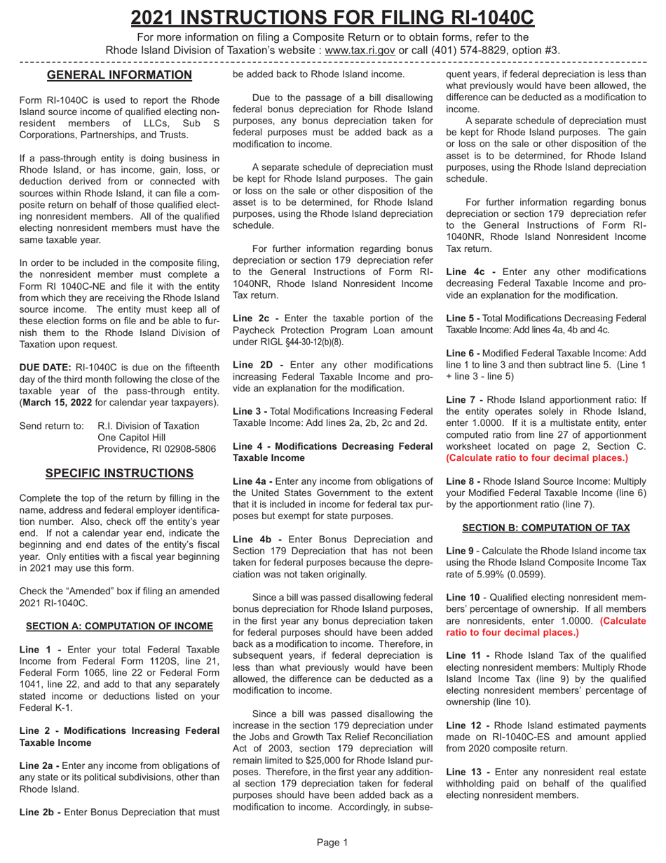 Instructions for Form RI-1040C Composite Income Tax(return - Rhode Island, Page 1