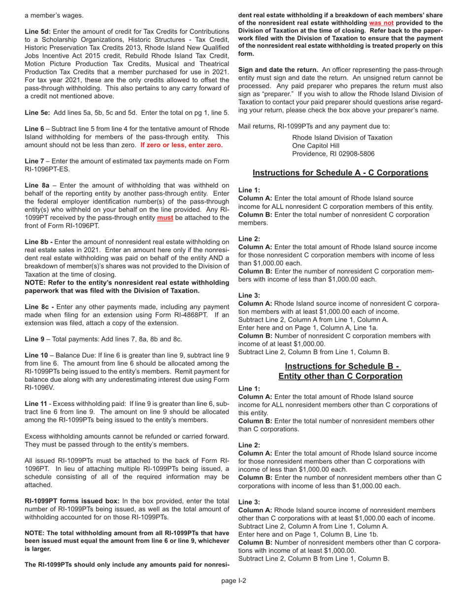 Instructions for Form RI-1096PT Pass-Through Withholding Return and Transmittal - Rhode Island, Page 2