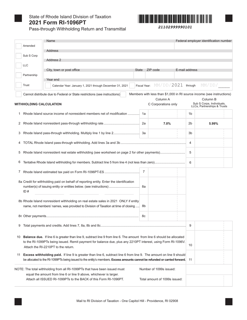 Form RI-1096PT Pass-Through Withholding Return and Transmittal - Rhode Island, Page 1