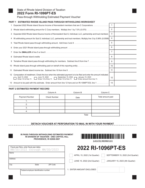 Form RI-1096PT-ES Pass-Through Withholding Estimated Payment Voucher - Rhode Island, 2022