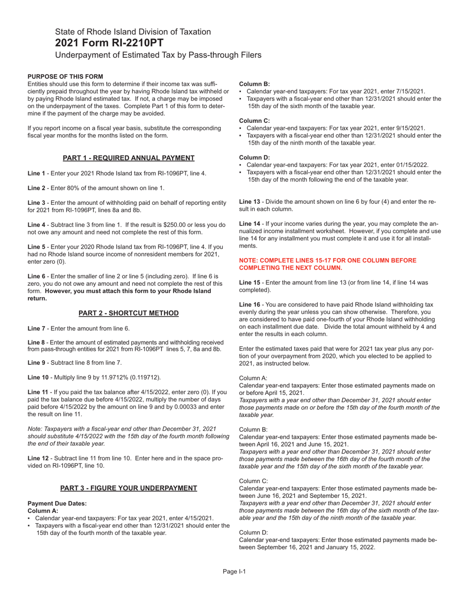 Form RI-2210PT Underpayment of Estimated Tax by Pass-Through Filers - Rhode Island, Page 3