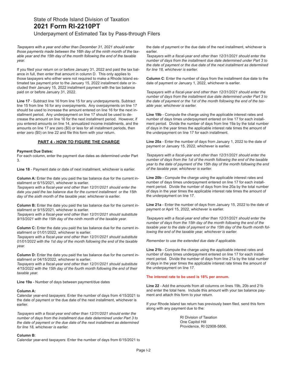 Form RI-2210PT Underpayment of Estimated Tax by Pass-Through Filers - Rhode Island, Page 4