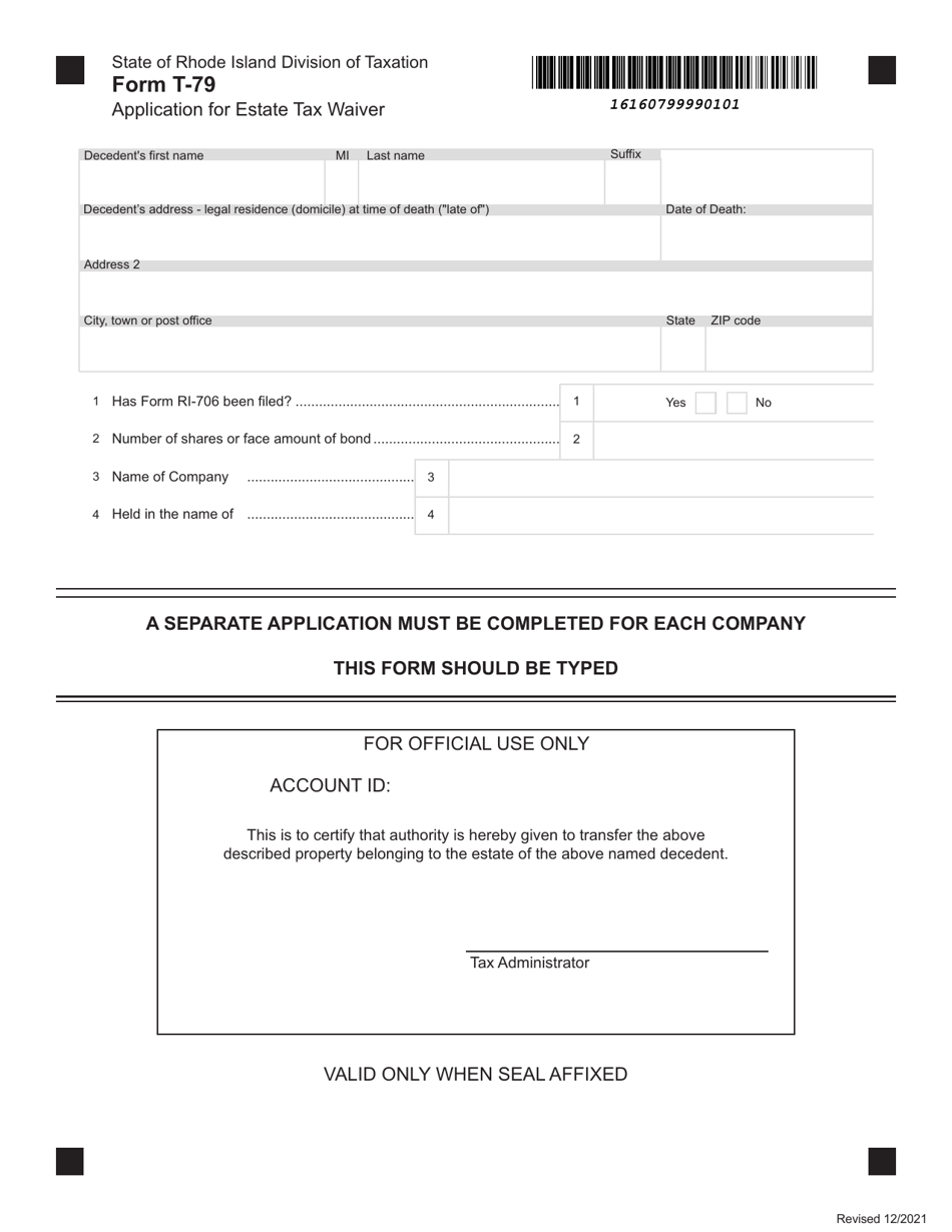 Form T-79 Application for Estate Tax Waiver - Rhode Island, Page 1