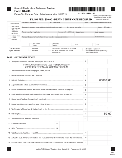 Document preview: Form RI-706 Estate Tax Return - Date of Death on or After 1/1/2015 - Rhode Island