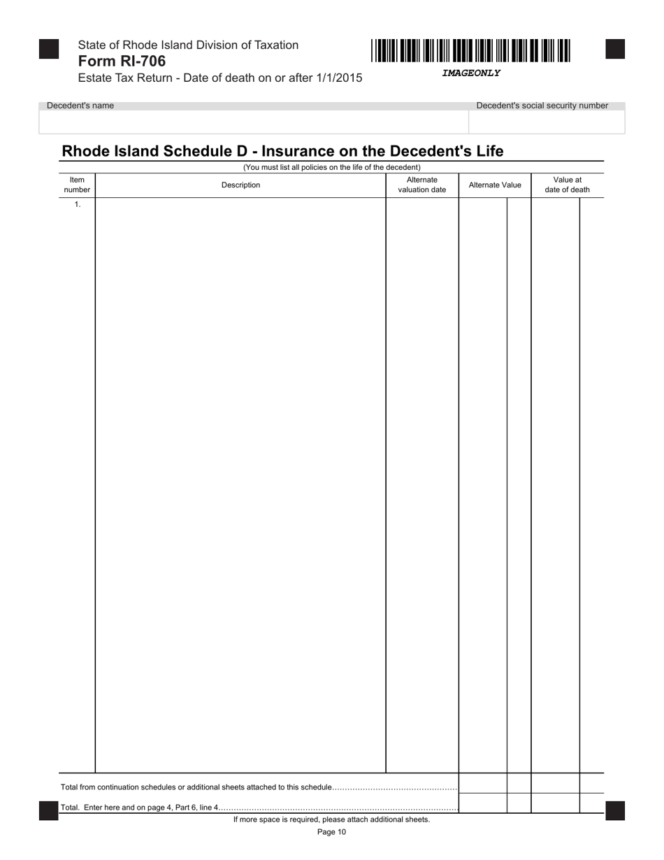 Form RI-706 Estate Tax Return - Date of Death on or After 1 / 1 / 2015 - Rhode Island, Page 10