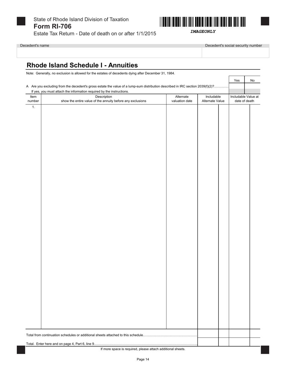 Form RI-706 Estate Tax Return - Date of Death on or After 1 / 1 / 2015 - Rhode Island, Page 14