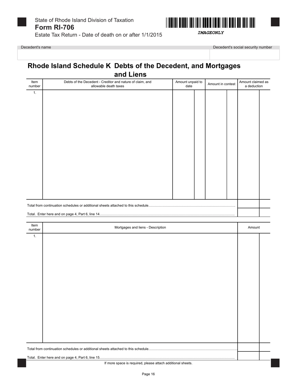 Form RI-706 Estate Tax Return - Date of Death on or After 1 / 1 / 2015 - Rhode Island, Page 16