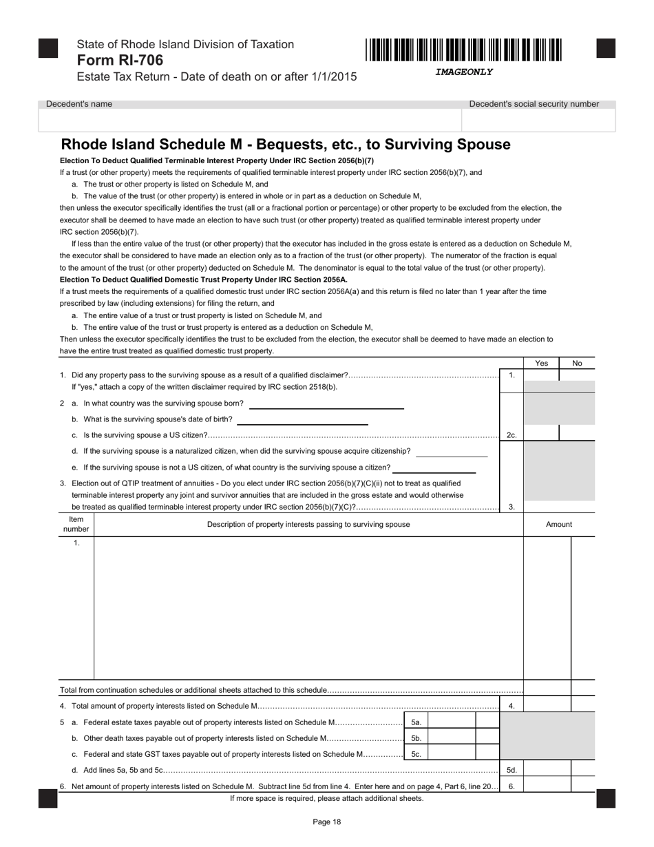 Form RI-706 Estate Tax Return - Date of Death on or After 1 / 1 / 2015 - Rhode Island, Page 18