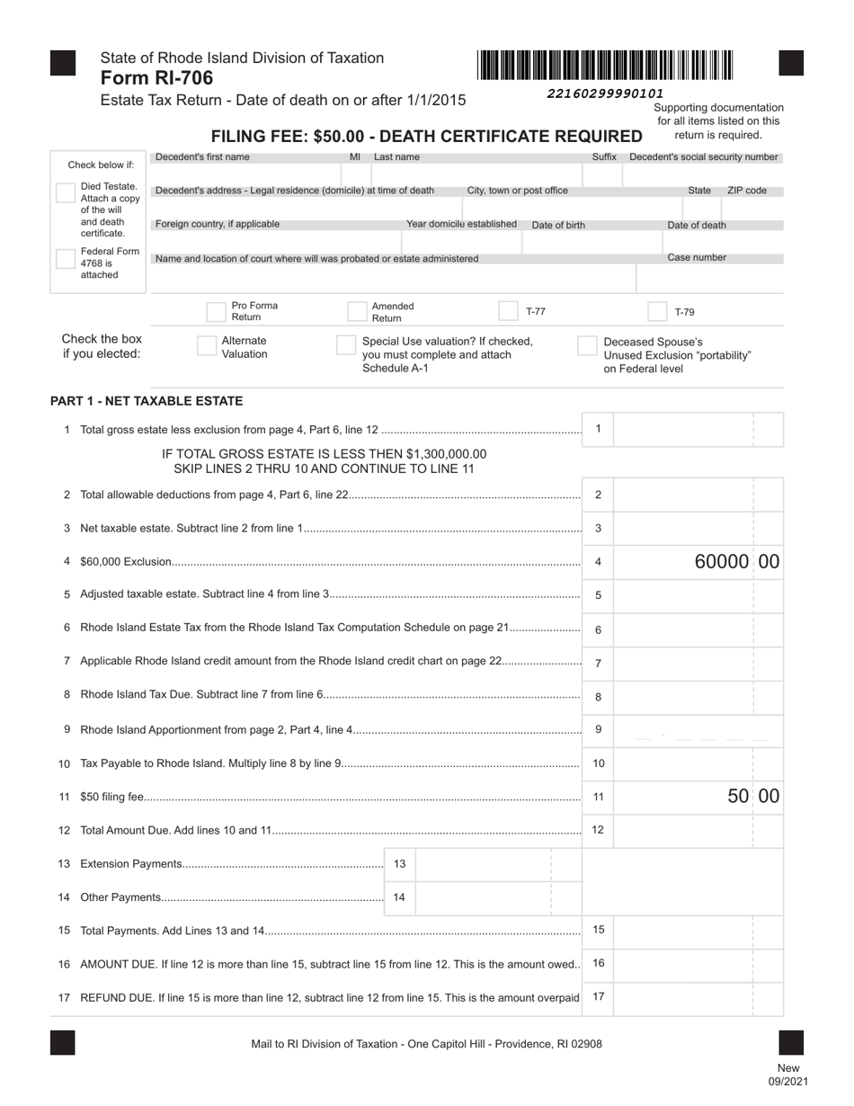 Form RI-706 Estate Tax Return - Date of Death on or After 1 / 1 / 2015 - Rhode Island, Page 1