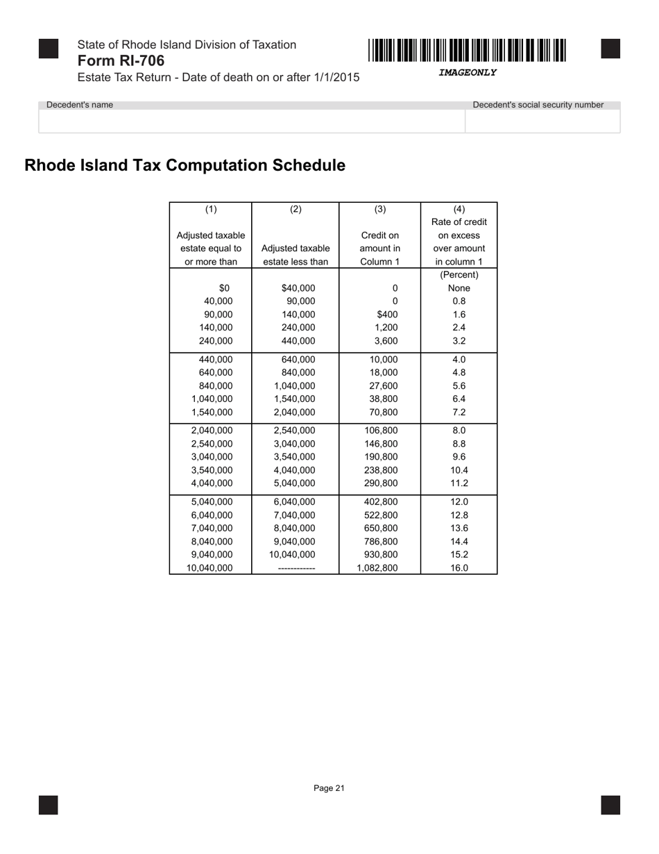 Form RI-706 Estate Tax Return - Date of Death on or After 1 / 1 / 2015 - Rhode Island, Page 21