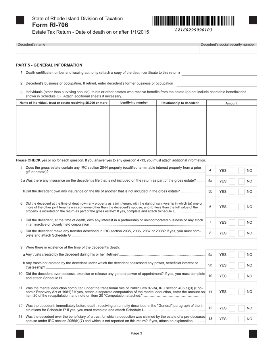 Form RI-706 Estate Tax Return - Date of Death on or After 1 / 1 / 2015 - Rhode Island, Page 3