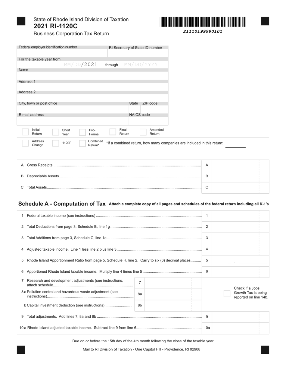 Form RI-1120C Business Corporation Tax Return - Rhode Island, Page 1