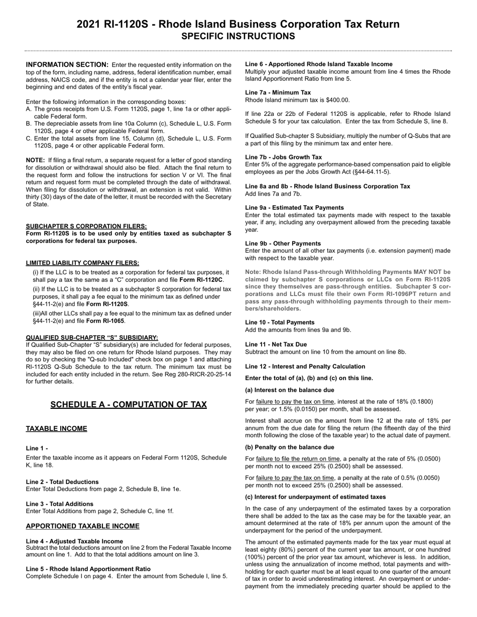 Download Instructions for Form RI 1120S Subchapter S Business