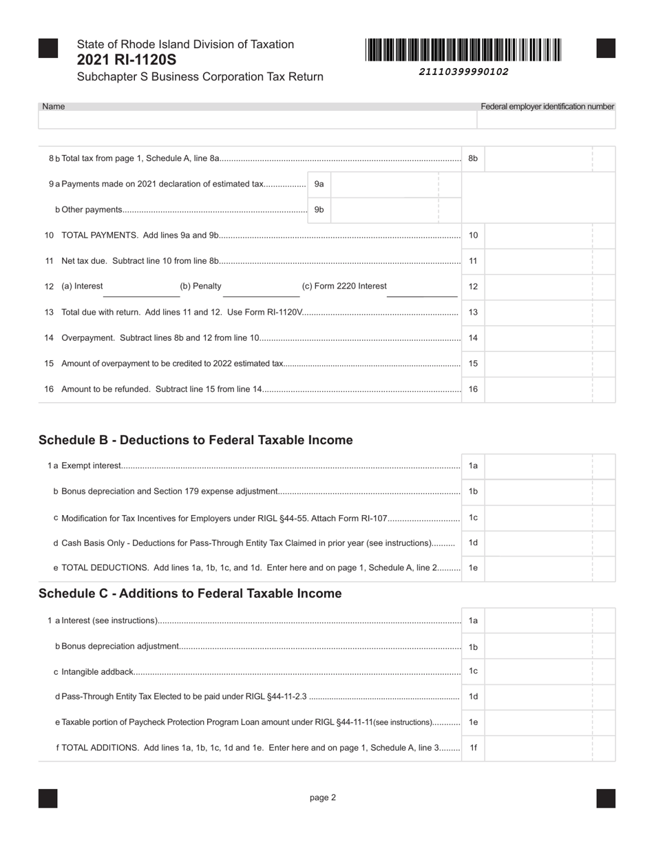 Form RI-1120S Subchapter S Business Corporation Tax Return - Rhode Island, Page 2