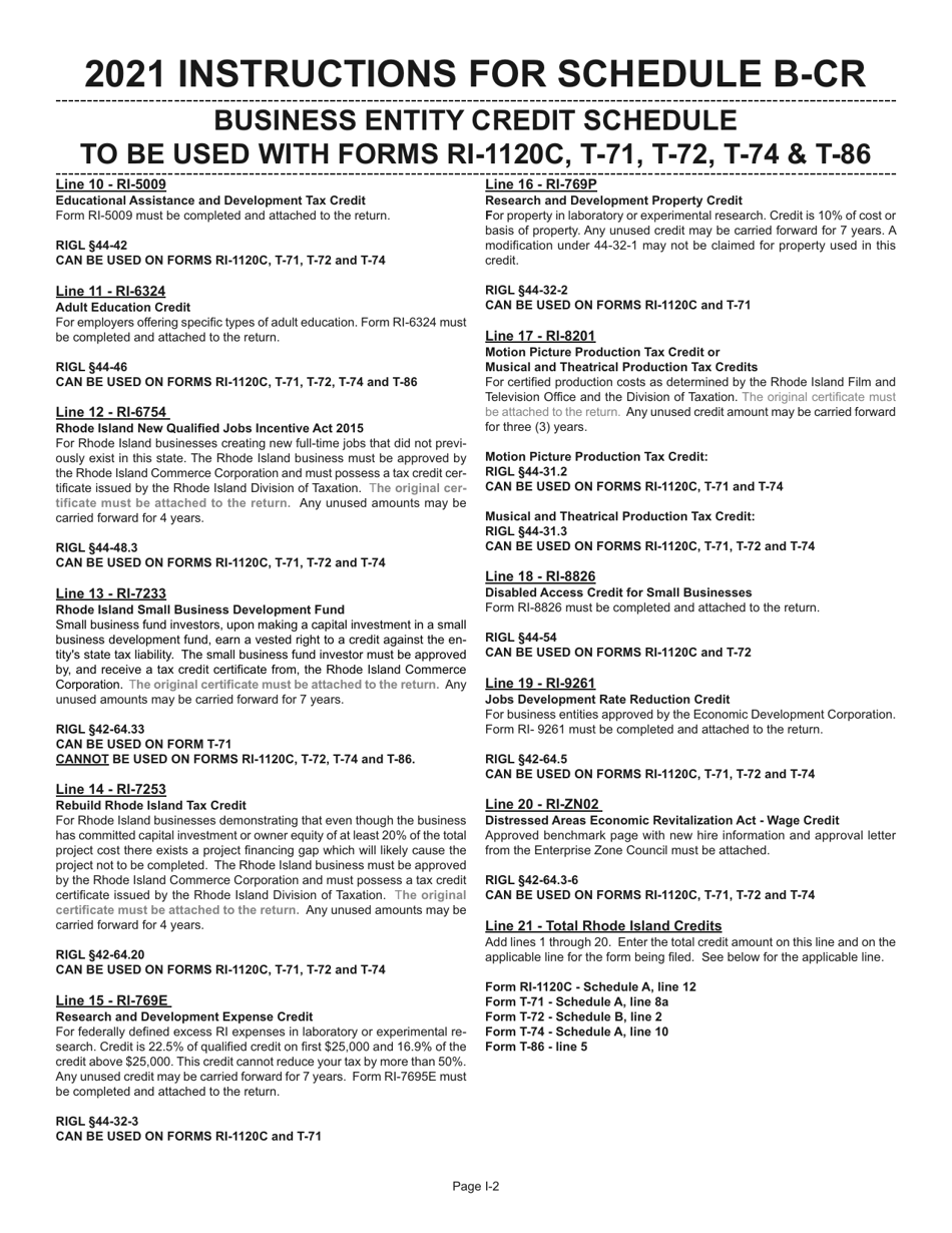 Instructions for Schedule B-CR Business Entity Credit Schedule - Rhode Island, Page 2