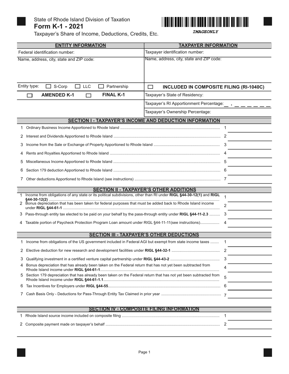 Form K-1 Taxpayers Share of Income, Deductions, Credits, Etc. - Rhode Island, Page 1