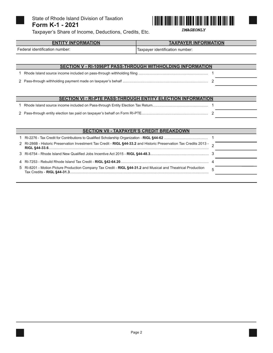 Form K-1 Taxpayers Share of Income, Deductions, Credits, Etc. - Rhode Island, Page 2