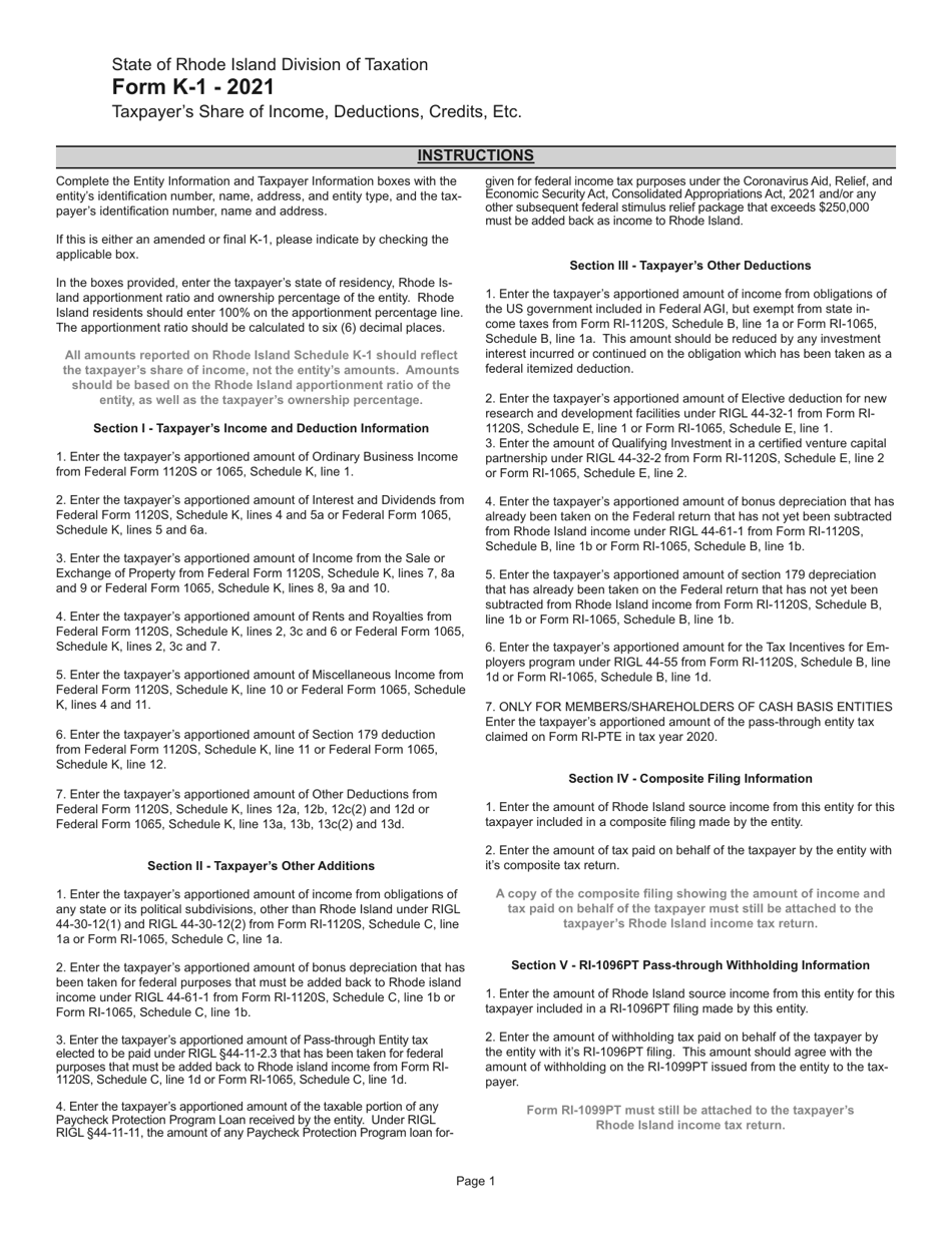 Instructions for Form K-1 Taxpayers Share of Income, Deductions, Credits, Etc. - Rhode Island, Page 1