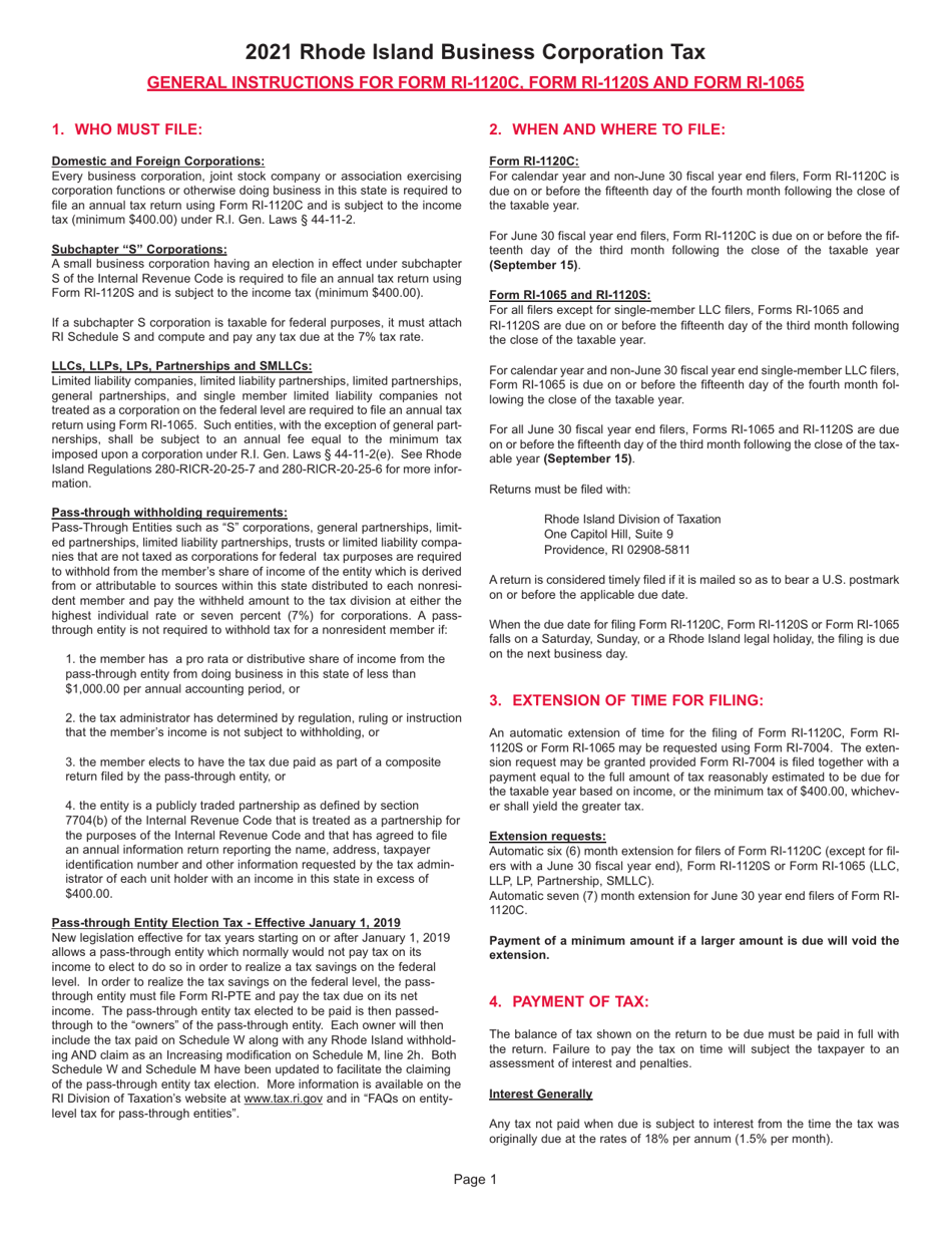 Instructions for Form RI-1120C, RI-1120S, RI-1065 - Rhode Island, Page 1