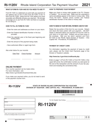 Document preview: Form RI-1120V Rhode Island Corporation Tax Payment Voucher - Rhode Island, 2021