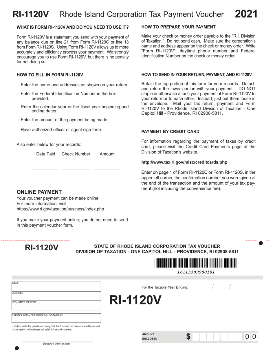 Form RI-1120V Rhode Island Corporation Tax Payment Voucher - Rhode Island, Page 1