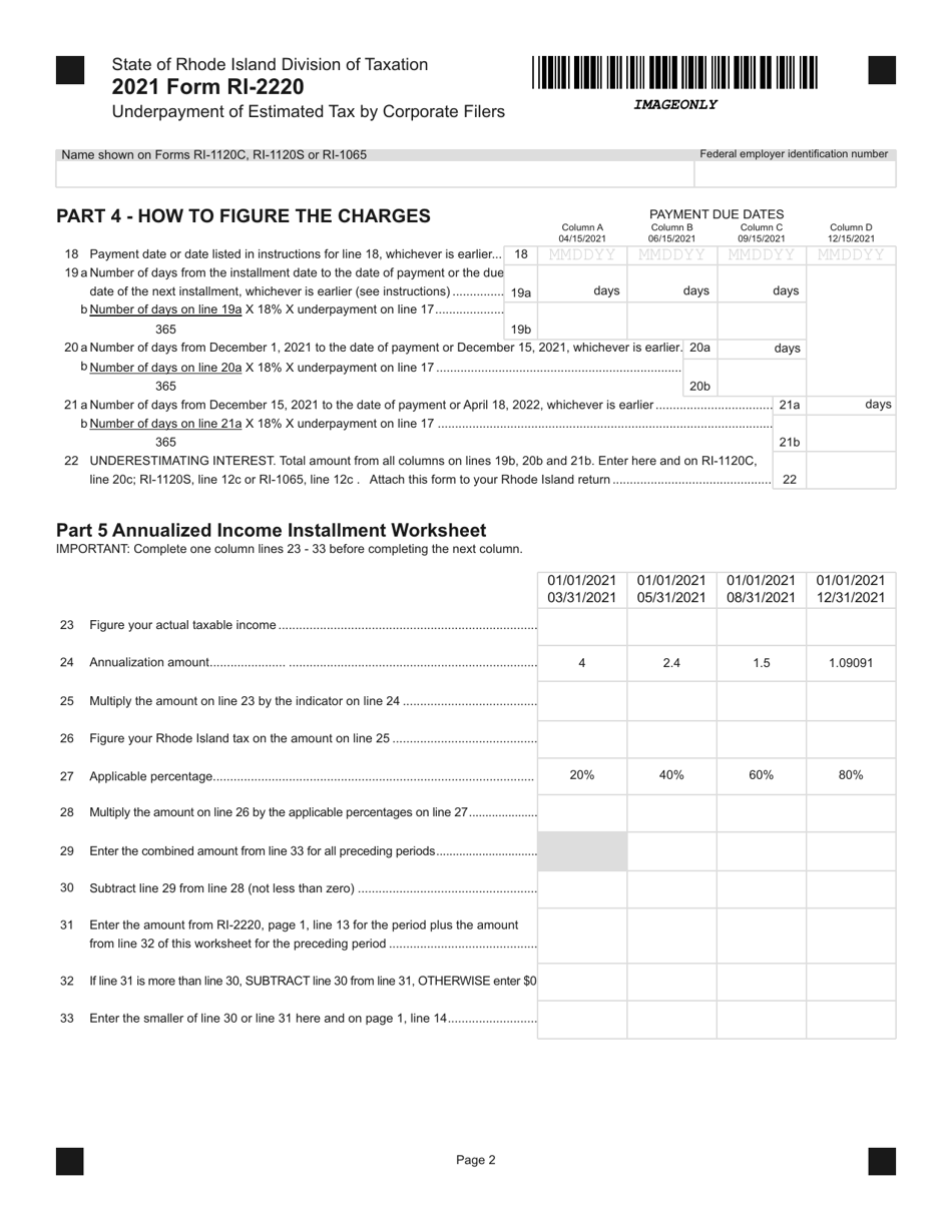 Form RI-2220 Underpayment of Estimated Tax by Corporate Filers - Rhode Island, Page 2