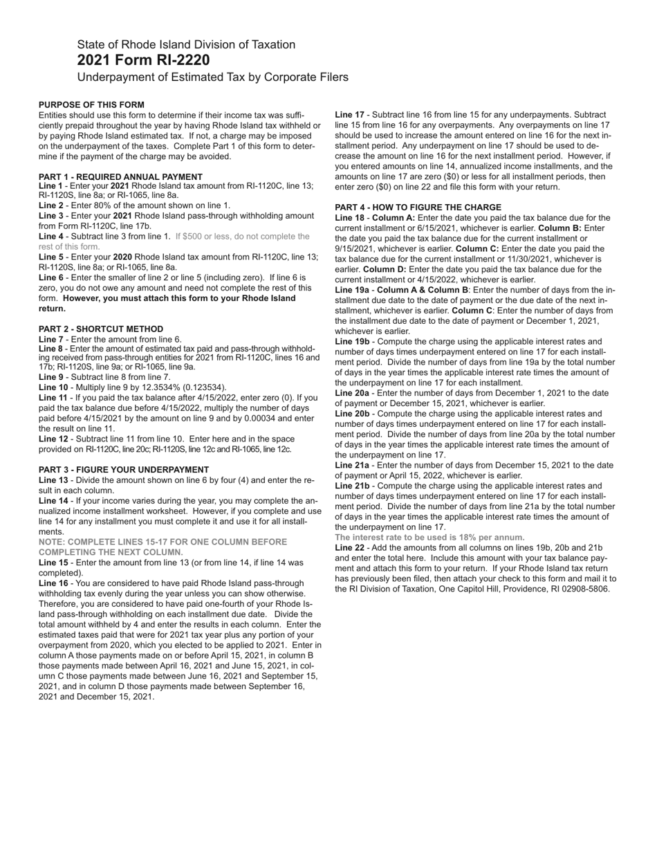 Form RI-2220 Underpayment of Estimated Tax by Corporate Filers - Rhode Island, Page 3