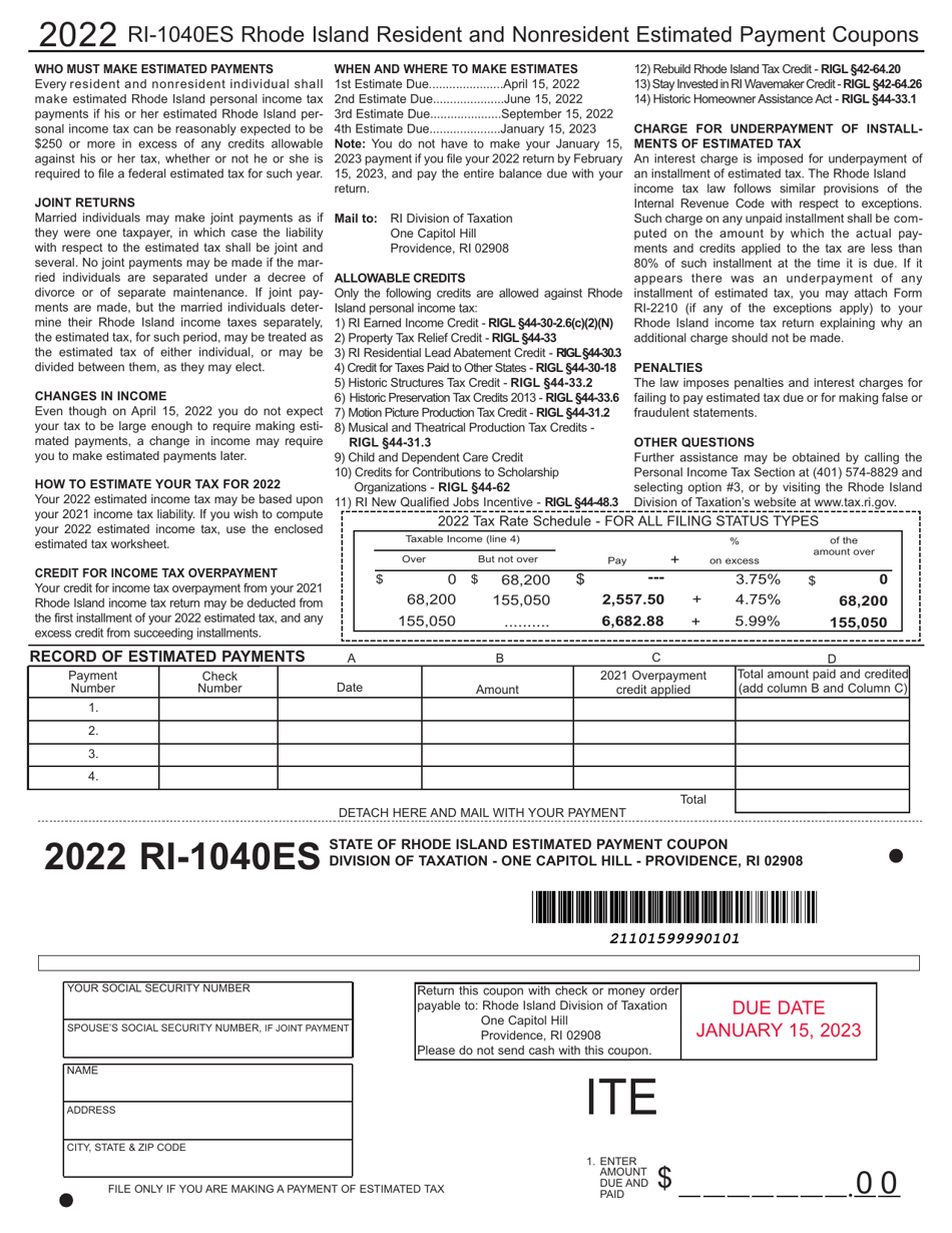 Form RI-1040ES Rhode Island Resident and Nonresident Estimated Payment Coupons - Rhode Island, Page 1