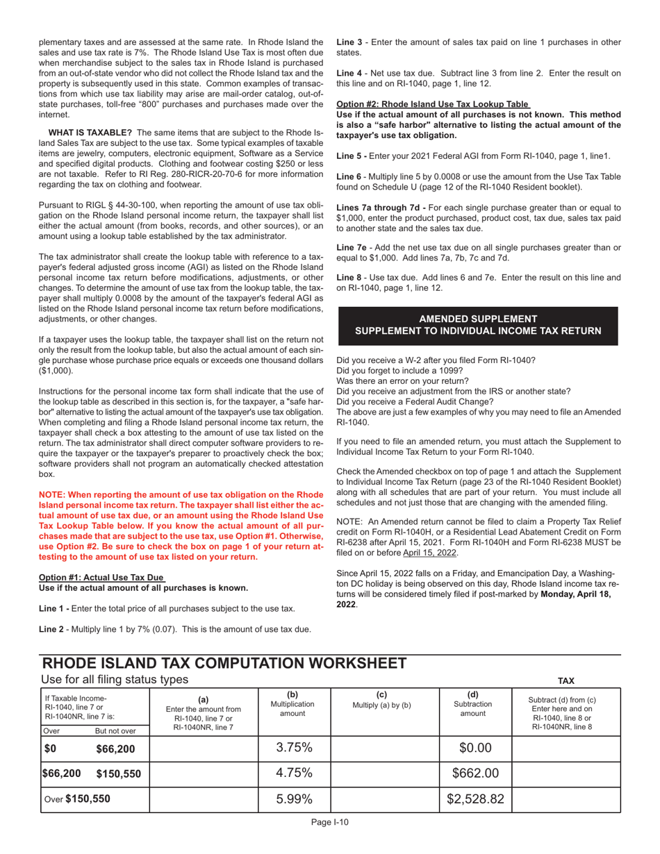 Instructions for Form RI-1040 Resident Individual Income Tax Return - Rhode Island, Page 10