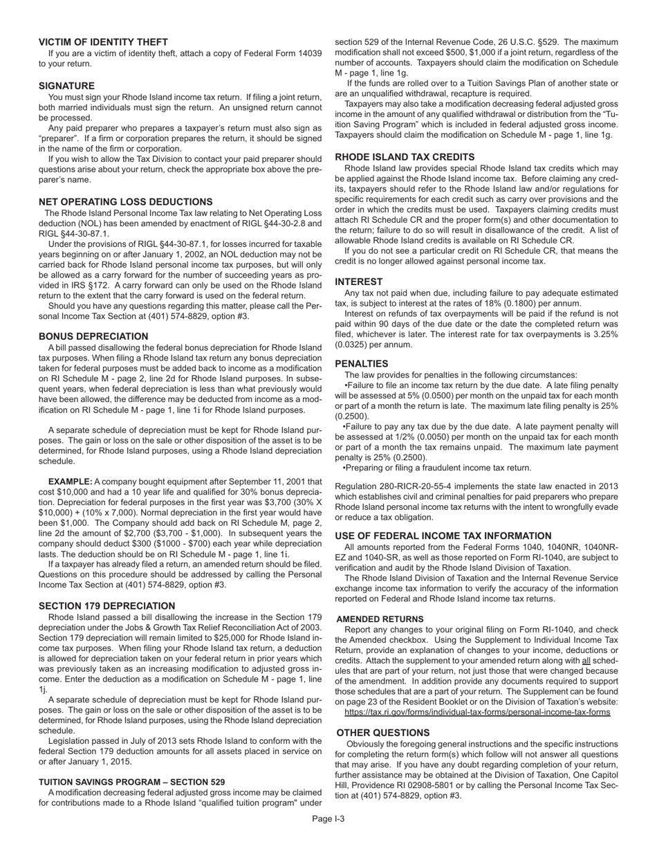 Instructions for Form RI-1040 Resident Individual Income Tax Return - Rhode Island, Page 3